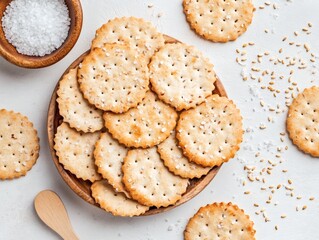 A bowl of rounded crackers arranged with sea salt and sesame. Realistic food scene.