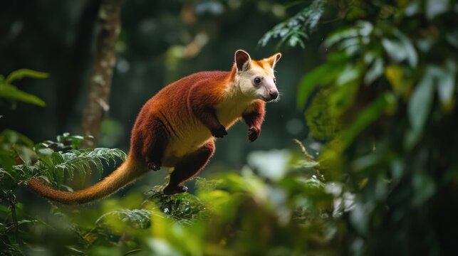 Matschie's Tree Kangaroo gracefully jumps through dense tropical rainforest canopy