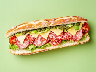 A long sandwich with a variety of ingredients including cheese, lettuce and tomatoes placed on green background. Realistic food scene.