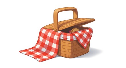 Red travel picnics basket isolated on white