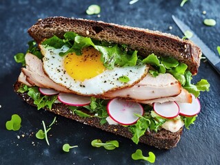 A sandwich with a fried egg, ham and sliced radishes on top. Realistic food scene.