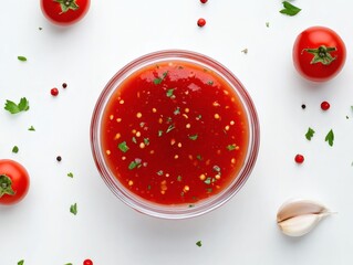 A glass bowl of red sauce with parsley on top. A bunch of tomatoes and garlic around. Realistic food scene.