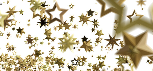 Beautiful image of gold stars falling on a white background. Perfect for celebration, holiday, or awards.