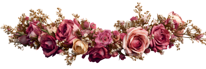 floral headband made of intertwined wildflowers, roses, and baby?s breath, boho aesthetic with realistic texture, ideal for portrait overlays, isolated to transparent background