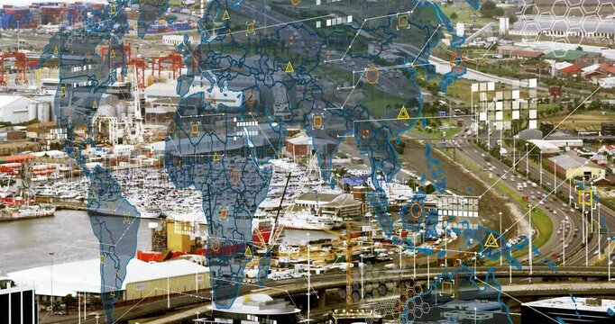 Opening aerial port marina scene with map outline fading in and animating nodes linking continents