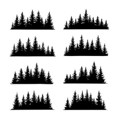 Fir trees silhouettes set. Coniferous spruce horizontal background patterns, black evergreen woods vector illustration. Beautiful hand drawn panorama with treetops forest. Black pine woods