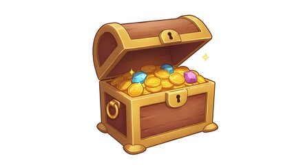 Old wooden treasure chest overflowing with gold coins and gems