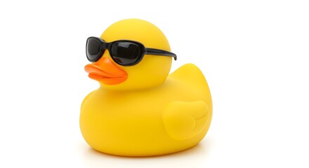 Isolated yellow rubber duck toy with sunglasses on a white background