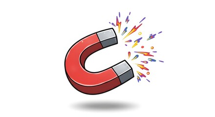 Red 3D horseshoe magnet symbol isolated on a white background, illustrating the concept of power and attraction