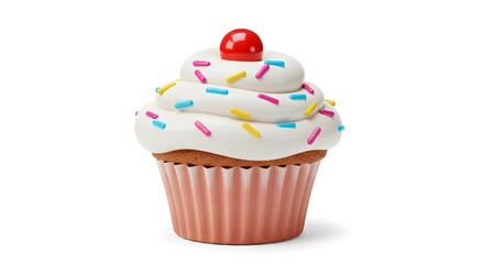 Sweet birthday cupcake with pink icing and sprinkles isolated on white