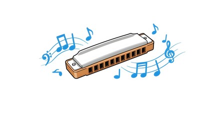Wooden harmonica, musical instrument isolated on white, for blues music sound