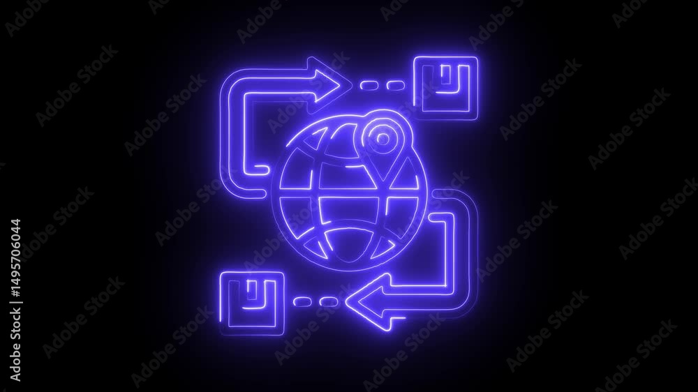 Poster neon style animated global shipping logistics with boxes and arrows on a black background