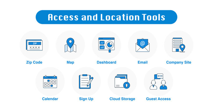 Access and Location Tools. Guest Access, Cloud Storage, Trial Login, Sign Up, Map, Zip Code, Calendar, Company Site, Email, Dashboard