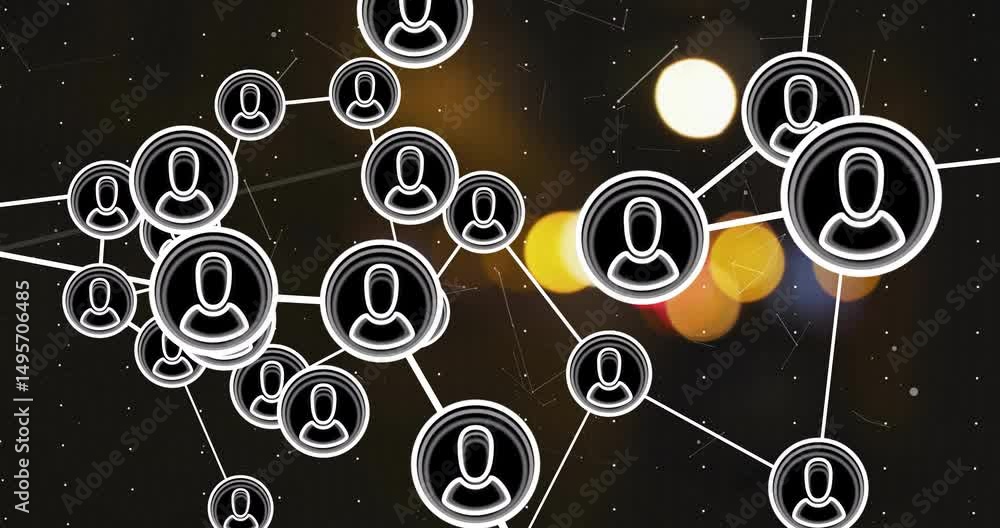 Poster empty nodes drifting inward sparking profile links then retracting links to depict network cycle