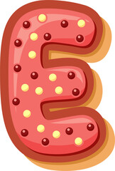 High-quality PNG of the letter E in a cute cartoon donut style. Perfect for kids’ projects, cards, party decor, and digital crafts.