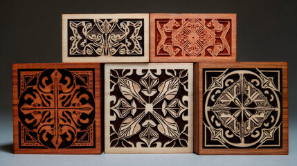Symmetrical wooden blocks with intricate carved geometric patterns
