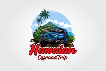Hawaiian Off road Trip Vector Logo Template. Off Road car logo along the coast and hills.