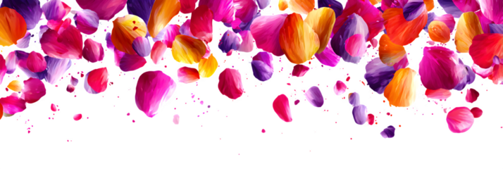 spring petals blowing in the wind, painterly style, bright colors scattered gently across frame, artistic floral motion overlay, isolated to transparent background