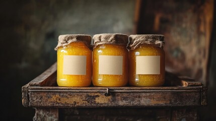 Honey jars on rustic wooden box