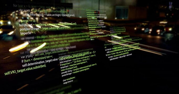 Faint green code panels materializing over traffic, floating, scrolling, typing to visualize data