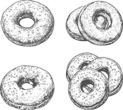 Set illustrations of bagel isolated on transparent background. Vector illustration