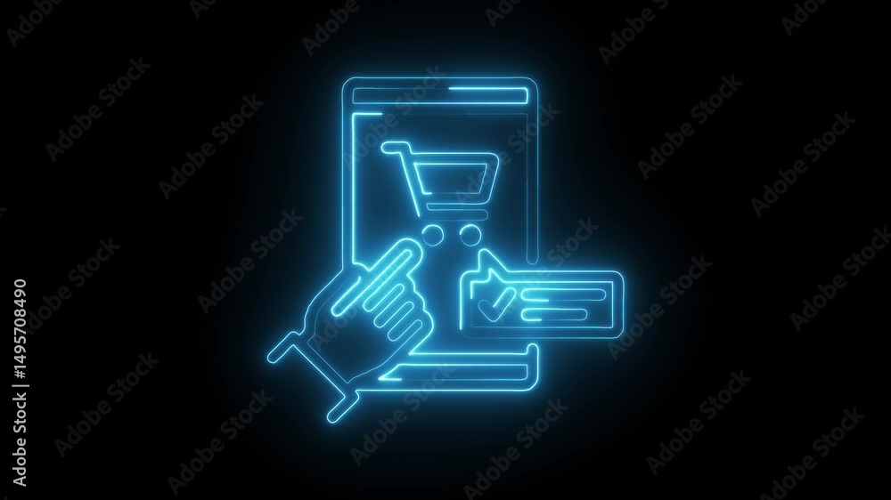 Poster neon style animation of hand clicking complete purchase button on mobile app
