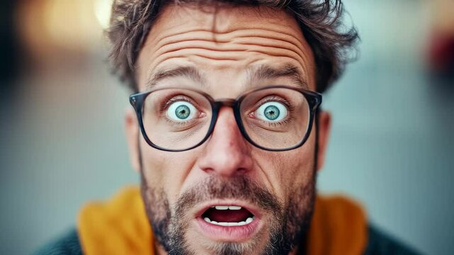 Man with glasses and a beard is staring at the camera with wide eyes. Concept of surprise or shock, as if the man is taken aback by something. The man's facial expression