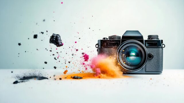 Camera with a colorful explosion behind it. The explosion is made up of different colors and shapes, creating a dynamic and energetic scene. The camera is the focal point of the image