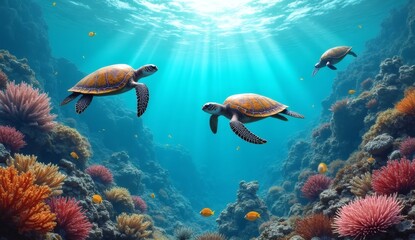 Obraz premium Coral Reef with Turtles Swimming