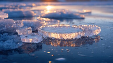 Ice floes glowing at sunset on a frozen lake