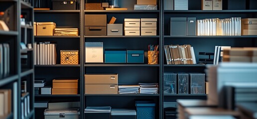 Organized office shelves with documents and storage