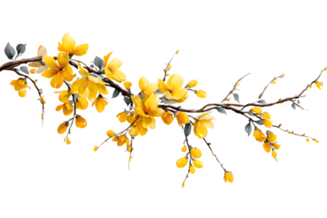 twisting vine branch with small yellow blooms and dew-covered leaves, watercolor effect for elegant overlays, isolated to transparent background