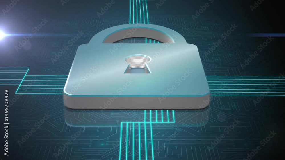 Aufkleber neon-blue paths driving glowing lines into padlock keyhole, it pulsing visualizing digital security