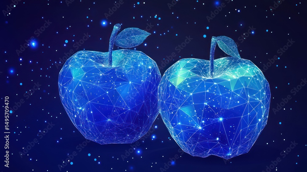 Poster technological apples with geometric design and digital nodes in dark blue backdrop