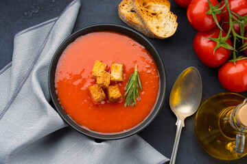 Homemade tomato soup on vintage table
