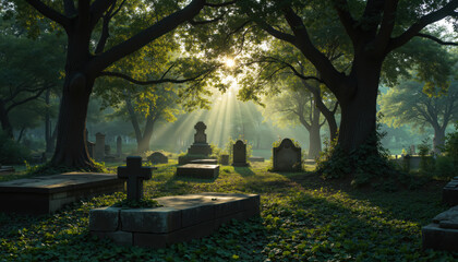Morning Sunlight Piercing Through Trees in Peaceful Forest Cemetery, Illuminating Tombstones and Casting Long Shadows Over Mossy Graves in Serene Natural Burial Ground