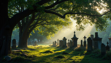 Morning Sunlight Piercing Through Trees in Peaceful Forest Cemetery, Illuminating Tombstones and Casting Long Shadows Over Mossy Graves in Serene Natural Burial Ground