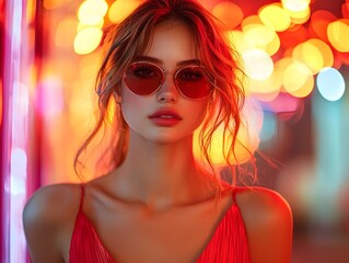 Obraz premium A confident woman in a sleek red dress city lights reflecting in her sunglasses