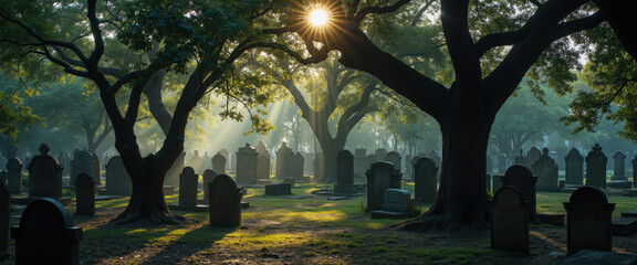 Morning Sunlight Piercing Through Trees in Peaceful Forest Cemetery, Illuminating Tombstones and Casting Long Shadows Over Mossy Graves in Serene Natural Burial Ground