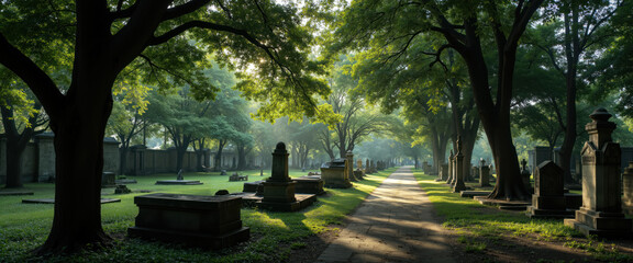 Morning Sunlight Piercing Through Trees in Peaceful Forest Cemetery, Illuminating Tombstones and Casting Long Shadows Over Mossy Graves in Serene Natural Burial Ground