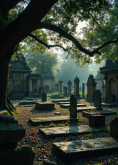 Morning Sunlight Piercing Through Trees in Peaceful Forest Cemetery, Illuminating Tombstones and Casting Long Shadows Over Mossy Graves in Serene Natural Burial Ground