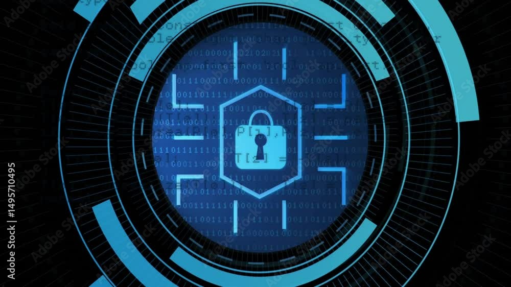 Poster swirling dots spiraling forming rings and hexagon revealing lock icon scrolling binary security hud