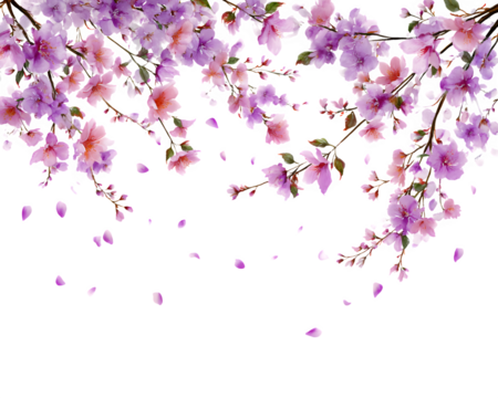 watercolor floral overlay featuring lilac and cherry blossom branches with scattered petals, romantic vintage vibe, isolated to transparent background