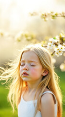 Naklejka premium A little girl sneezes among flowering trees and bushes in a park on a clear day. Allergy to flowering and pollen of plants. Exacerbation of allergy to flowers and flowering plants