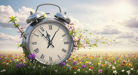 Vintage Alarm Clock with Flowers in a Spring Field - Time Nature Growth Illustration