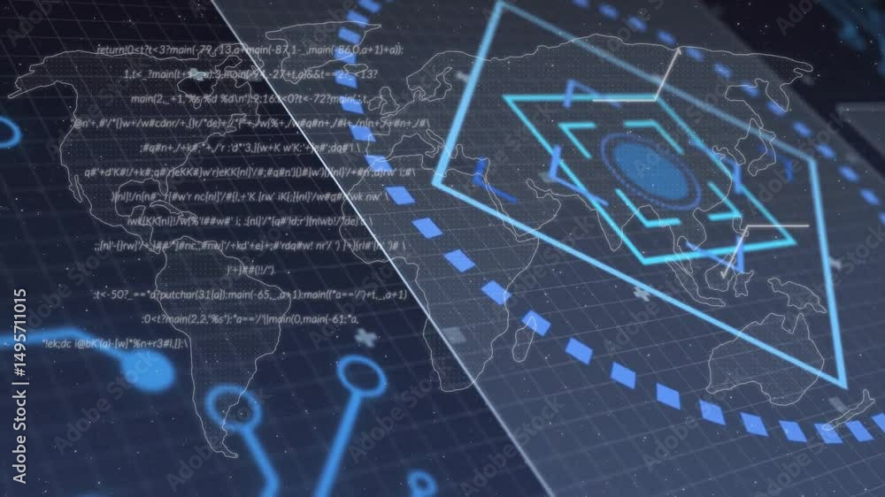 Aufkleber System initiating code streaming above map grid, hexagon rotating and scanning data for insight