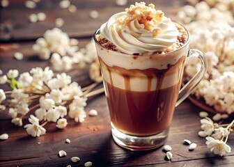 Caramel coffee drink with whipped cream and nuts