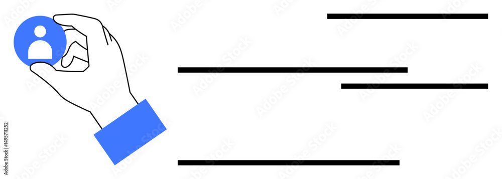 Poster hand holding user profile icon accompanied by horizontal lines for content or features. ideal for us