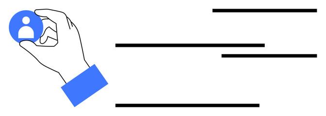 Hand holding user profile icon accompanied by horizontal lines for content or features. Ideal for user management, team organization, recruitment, app design, UX interface, data visualization, flat