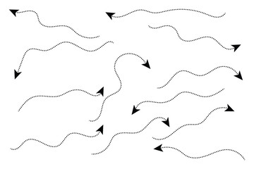 set of dotted and dash wave curved arrow icon, hand drawn arrows set collection icon, vector illustration.